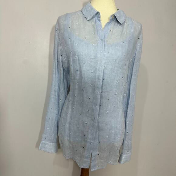 DONCASTER Blue Linen Silk 2pc Layered Top Set Sz 18 Cottage Preppy Eyelet Sheer - Picture 6 of 16